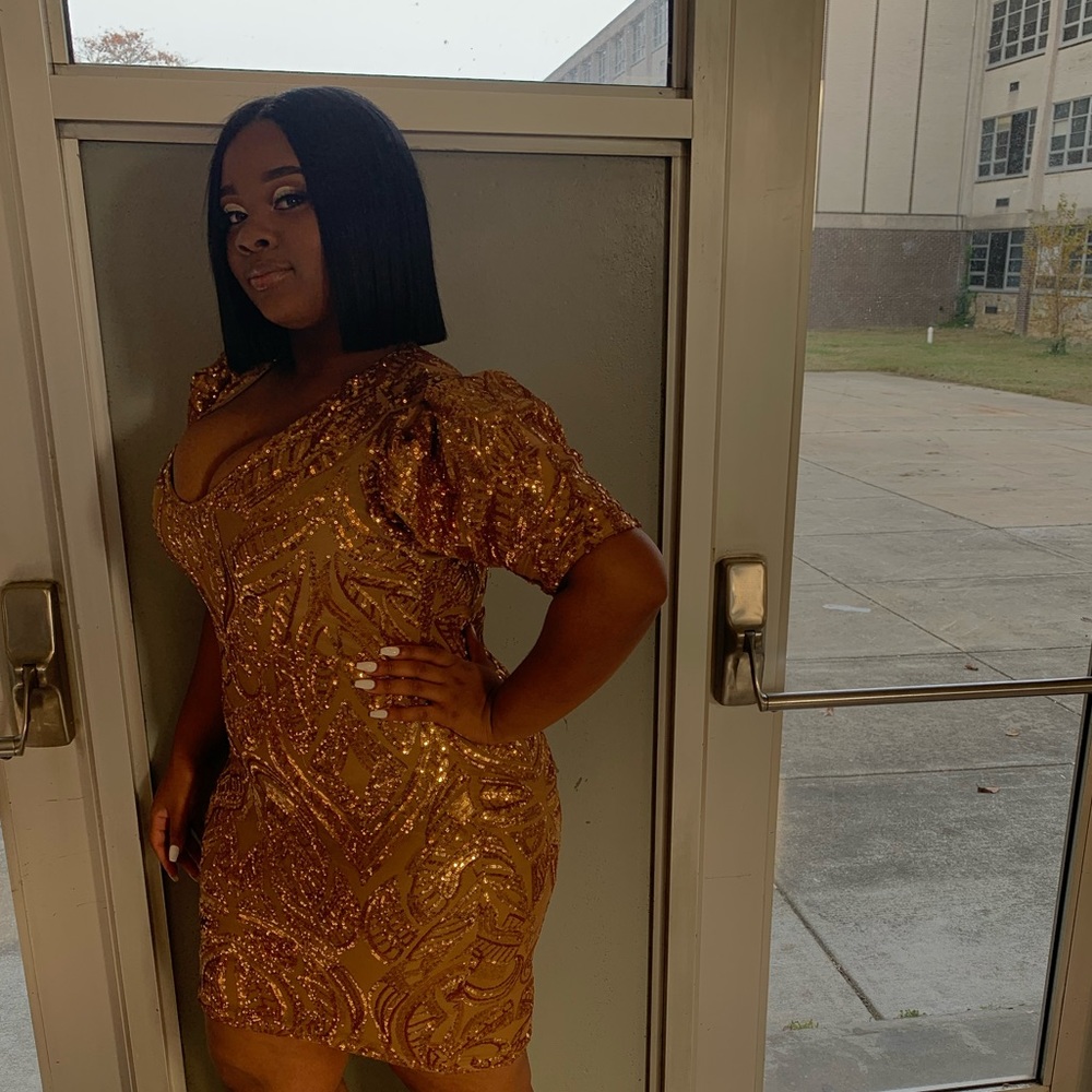 Gold Sequin Dress with Puffy Shoulders